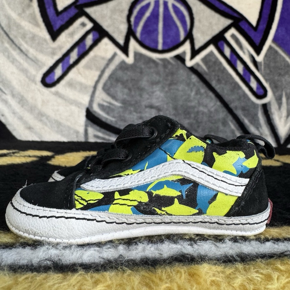 Size 4c - Vans Old Skool Crib Infant Shoes Shark Camo Black Neon Green Blue